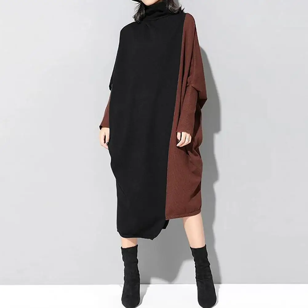 Fashion Autumn Winter Plus Size Warm Stitch Color Knitting Long Dress Comfy Women Dress Turtleneck Daily Clothing