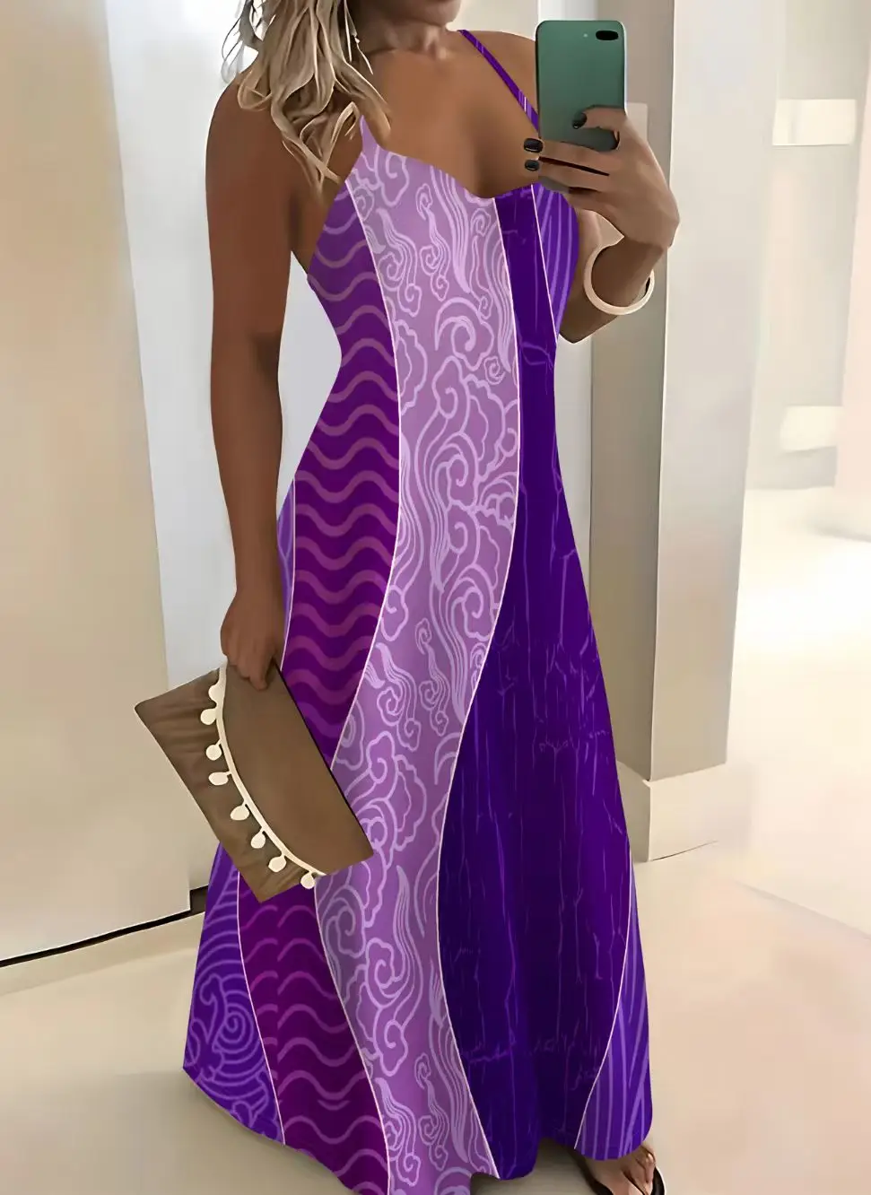 Printed Design Summer Collection Vacation Style Purple Wave Vortex Abstract Design Dress