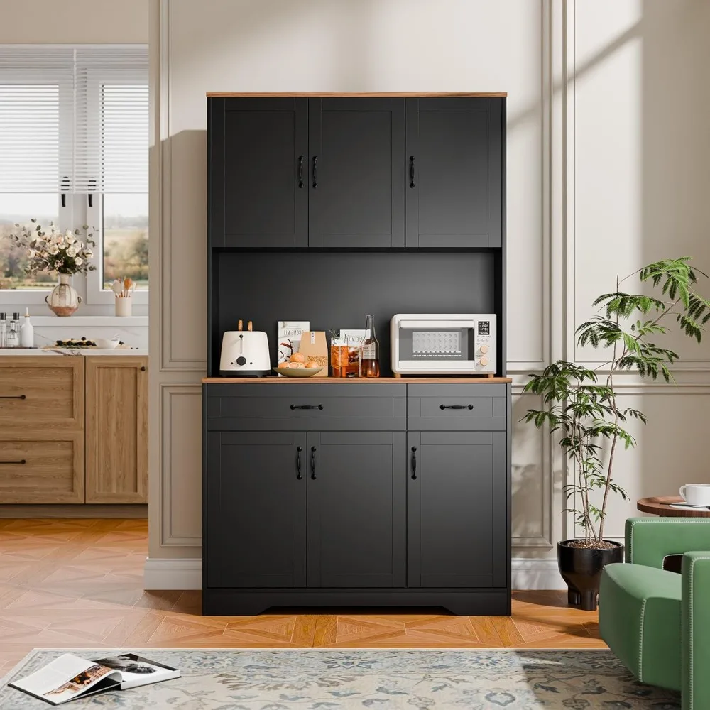 خزانة مطبخ بطول 71 بوصة مع أدراج ومخرج طاقة، وتخزين مخزن على طراز المزرعة، وبار قهوة خشبي كبير #5