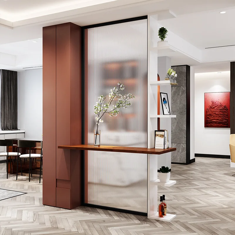 Tempered glass screen storage partition, living room entrance, bathroom sink