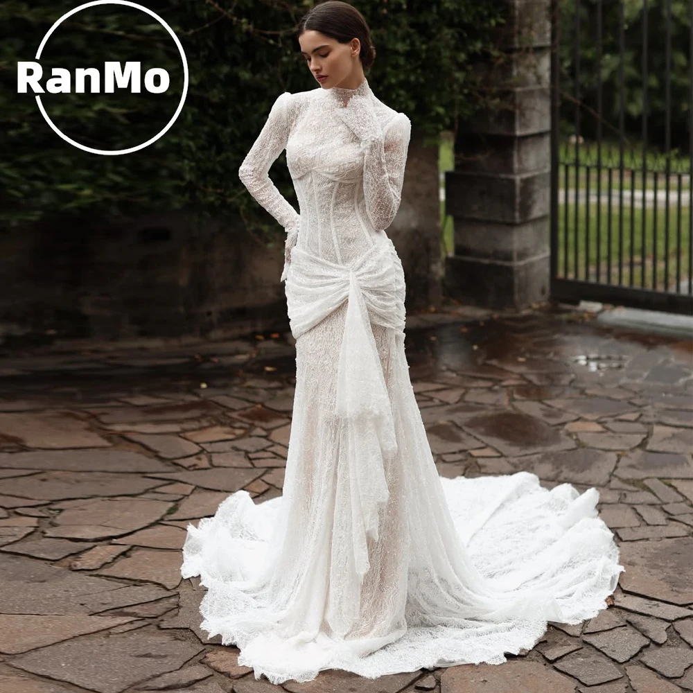 

Ranmo Exquisite Lace Mermaid Wedding Dresses Modest High Neck Muslim Bridal Gowns Customized Sweep Train فساتين زفاف