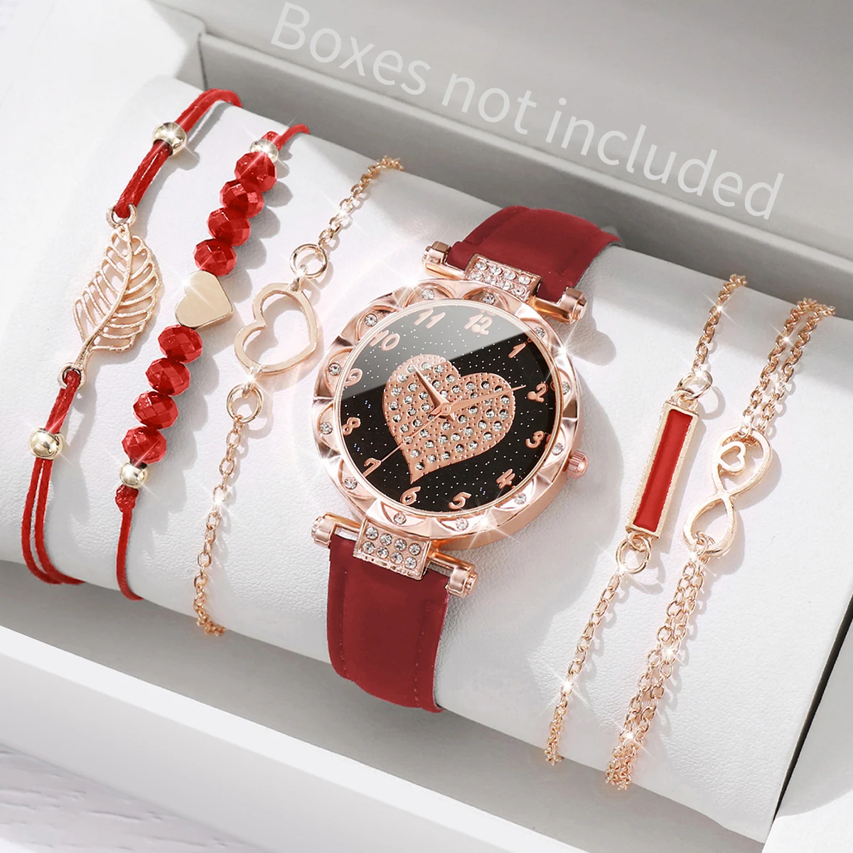 6PCS/Set Fashion Heart Dial Women\'s Watch Leather Band Quartz Watches Leaf Bracelets Set(Without Box)