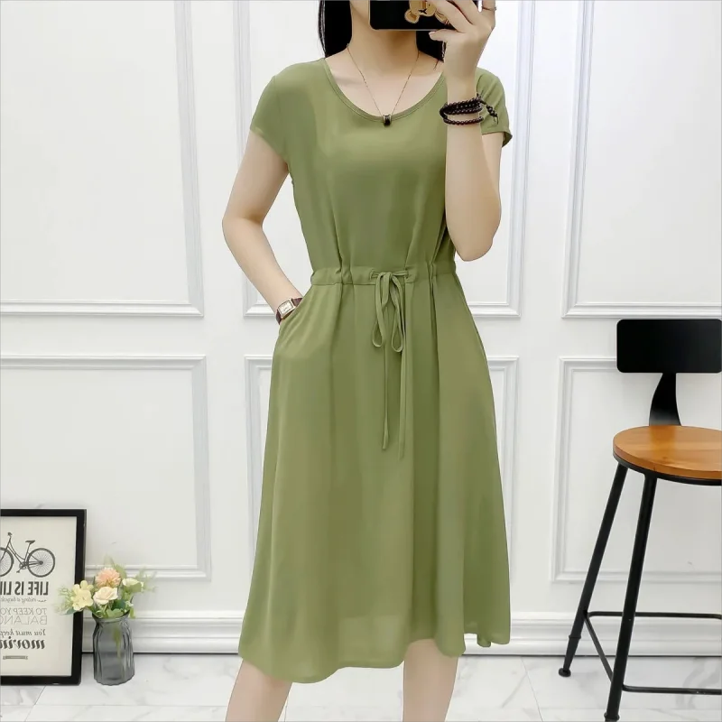 Summer fashion temperament Solid Color noil poplin dress women's 2024 new round neck knee ladies dress