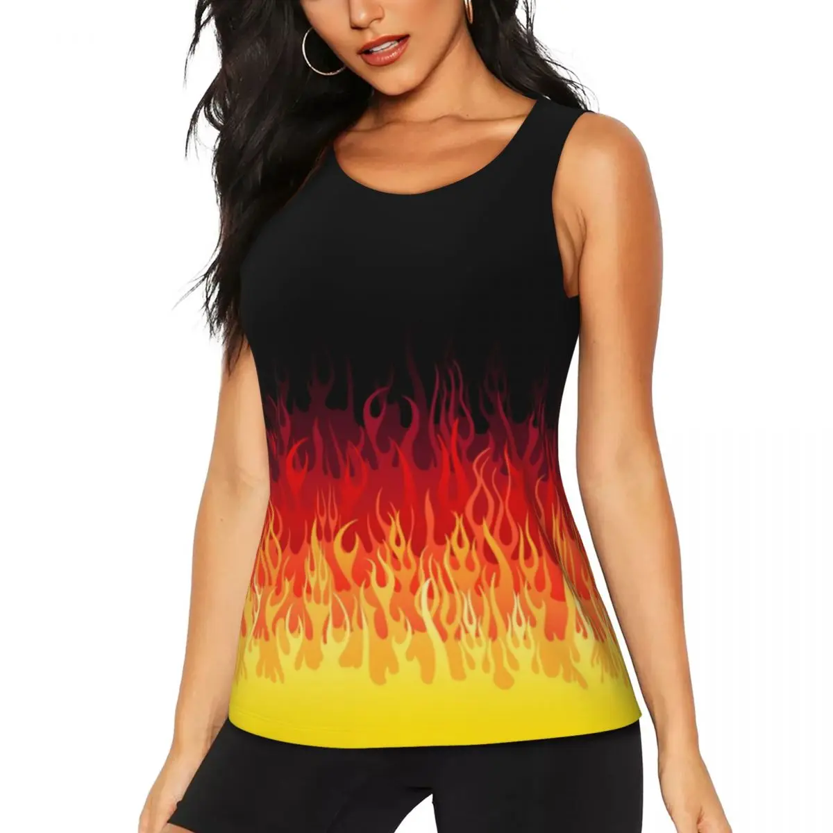 Custom Red Burning Fire Racing Flames Yoga Shirt Women Athletic Workout Running Tank Tops