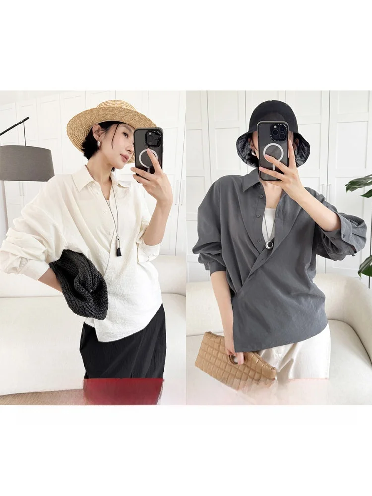 

Amyy Studios Heavyweight 8 Momme Sun Protection Light Thin Silk Blend irt Crumpled Texture Side Slit Long Sve Women's S...