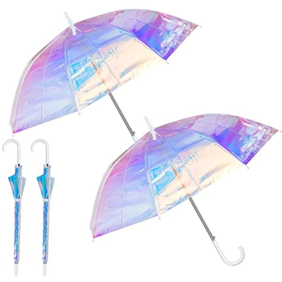 2 Pieces Holographic Wide Umbrella Adult Clear Iridescent Umbrella for Women Wedding Automatic Open Windproof Parasol, 39 Inch