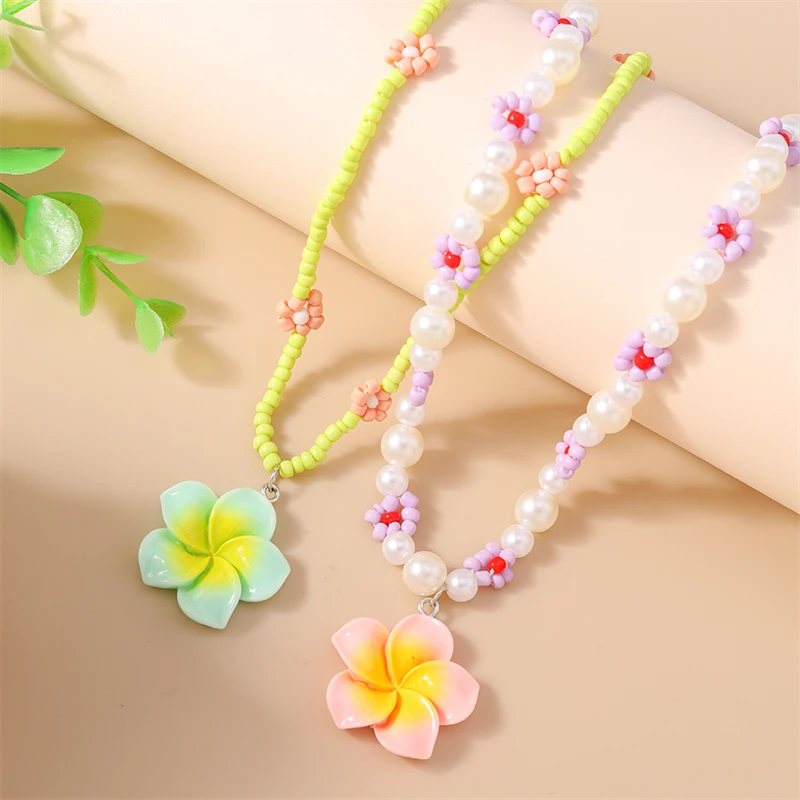 2-teiliges Set Modische Handgefertigte Perlenketten für Frauen, Blumenanhänger-Halsketten, Schmuckgeschenke für Mädchen, Party, Festival – Detail 1