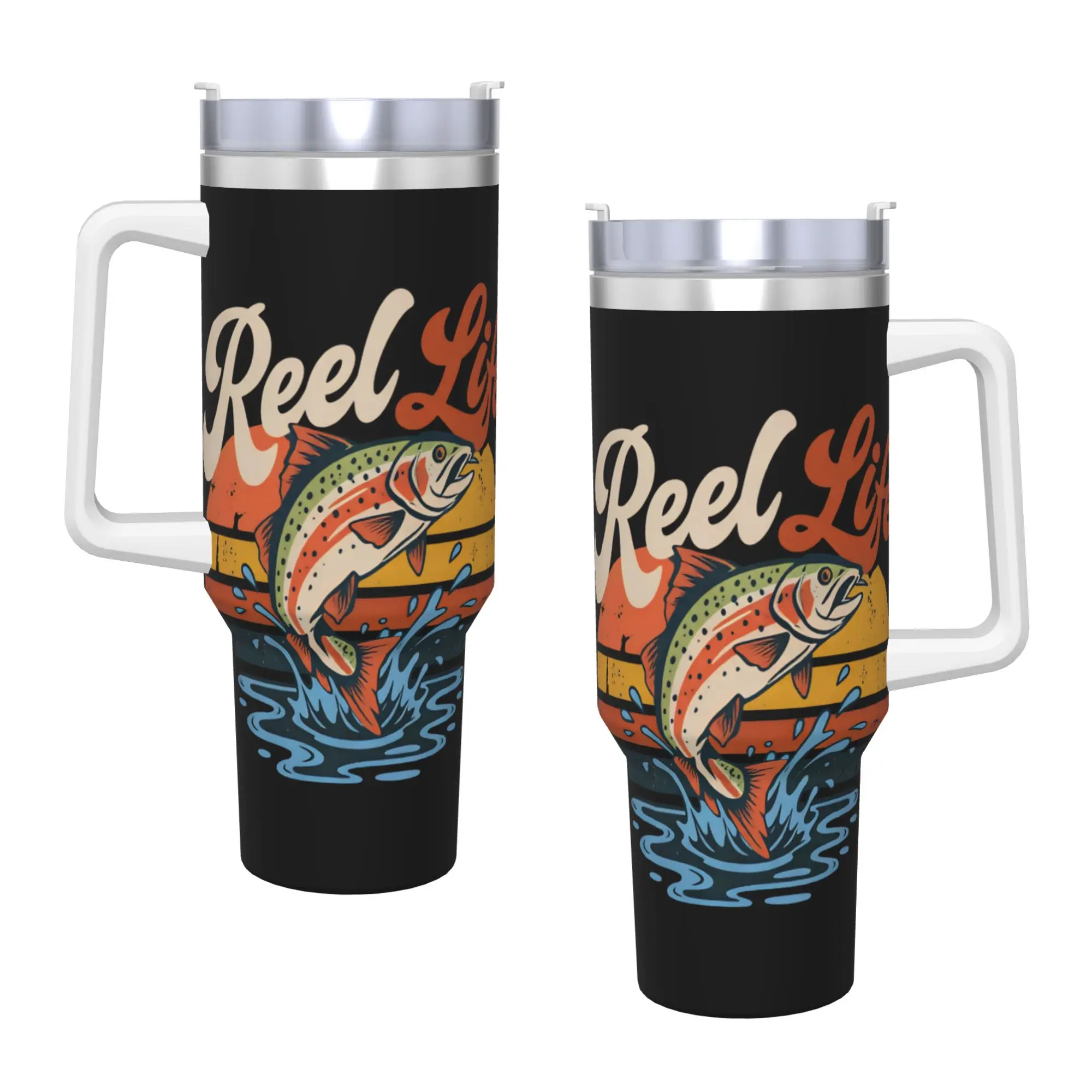 Real Life Fishing Stainless Steel Tumbler  Beach Thermal Mug With Straws and Lid 40oz Mugs Cup Cold and Hot Water Bottle