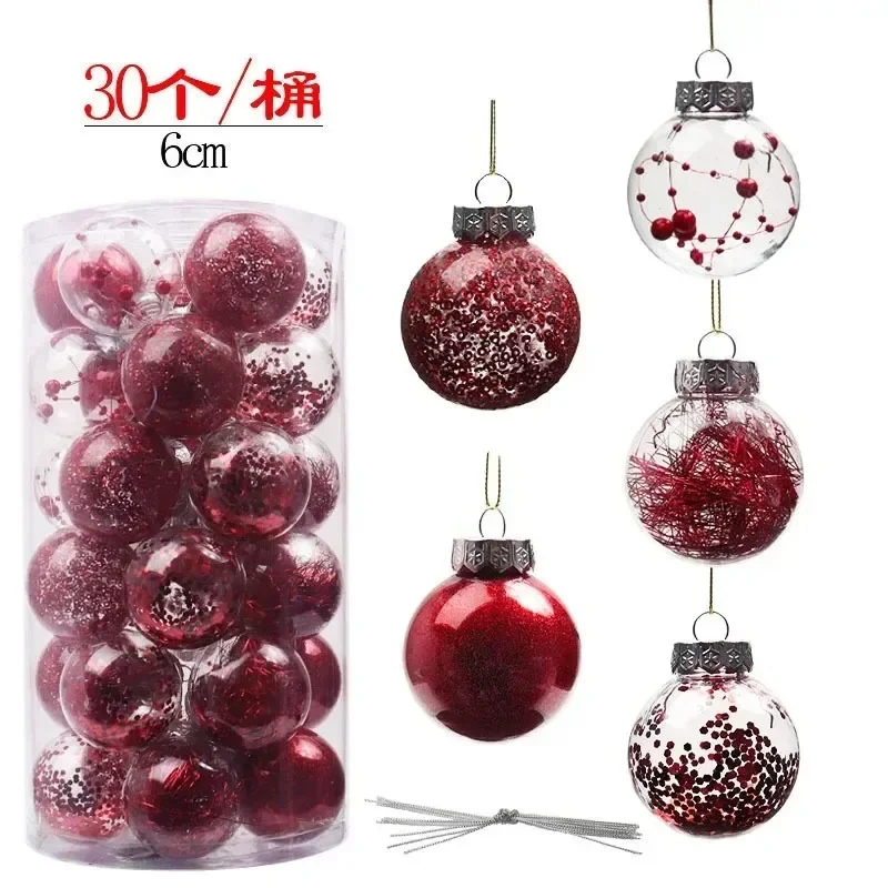 Enfeites de bola transparentes para árvore de Natal, bolas, decoração de Natal, ano novo, festa, 6cm, 30pcs, 2023