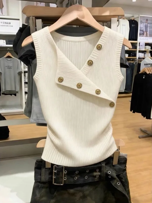 

Design Sensation V-Neck Knitted Vest Women's Summer New Style Self-Preserving Button Casual Versatile Top Korean Commute Style