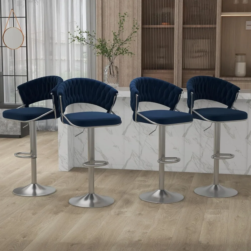 

High Back 360° Swivel Bar Stools Set of 4, Modern Adjustable Counter Height Velvet Bar Chair Silver Metal Stool,Kitchen Island