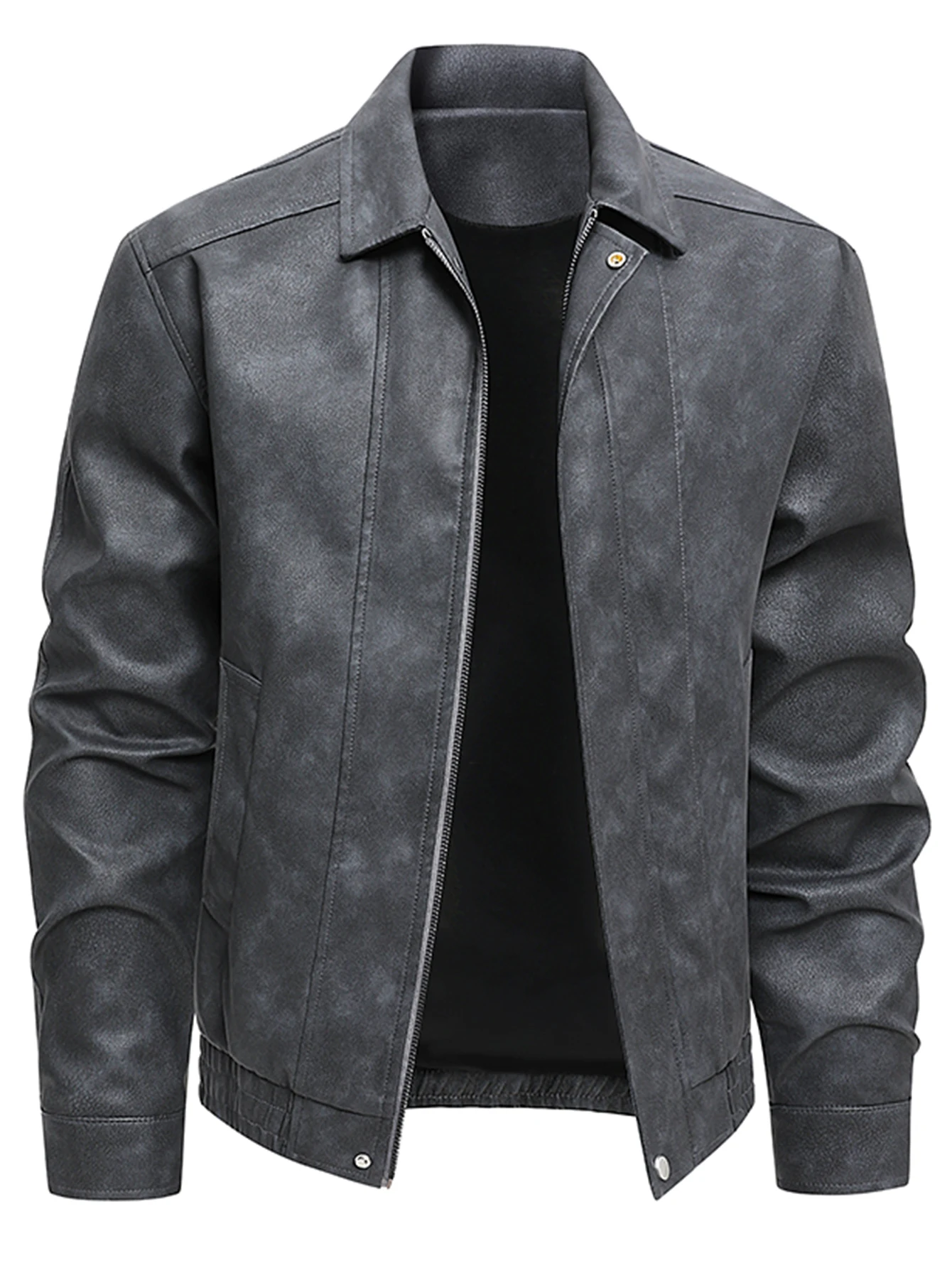 

Plus Size Men's Casual Loose Fit Turndown Collar Motorcycle PU Leather Jacket, Suitable For Autumn, Zipper Front