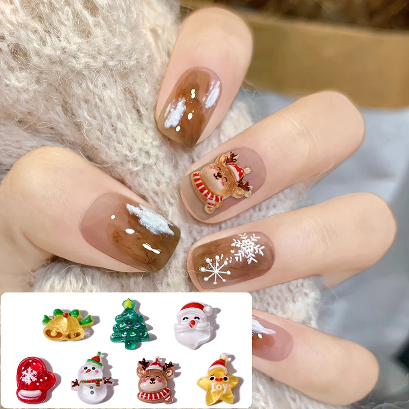 10Pcs Christmas Cartoon Tree Elk Bells Nail Art Charms Santa Claus 3D Kawaii Nail Rhinestones For New Year Manicure Decoration