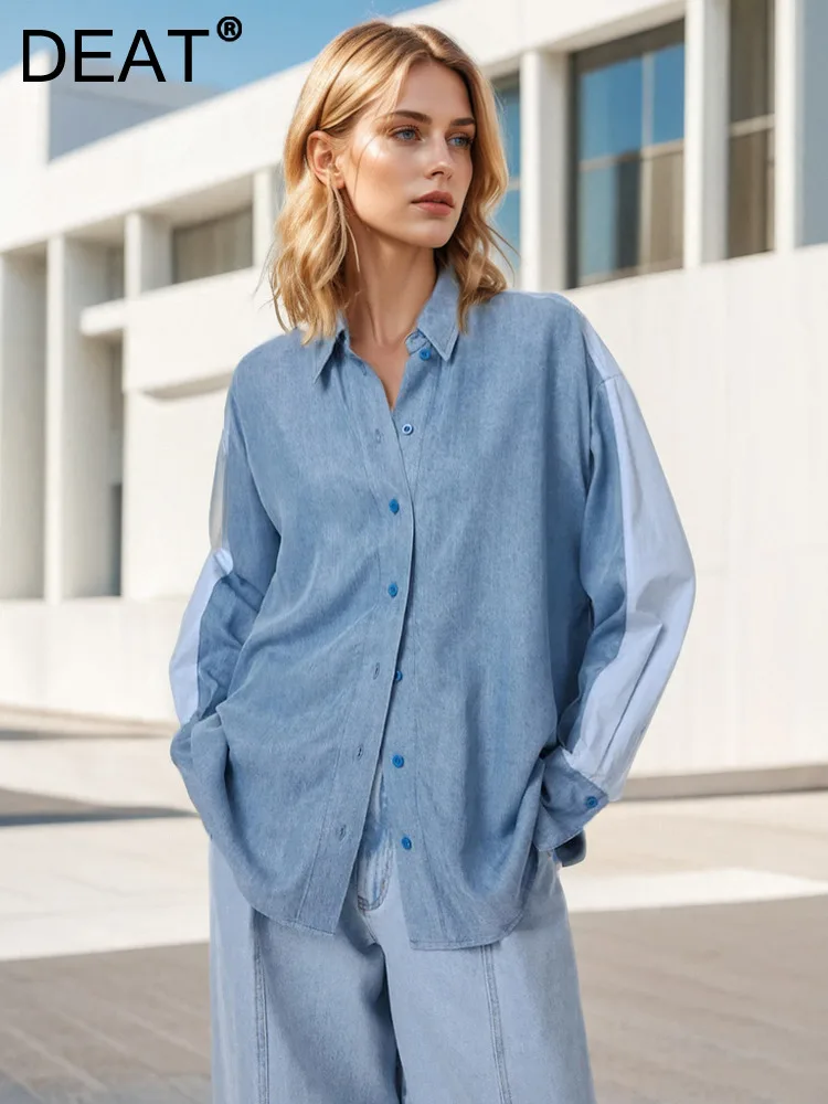 

DEAT Fashion Women's Denim Shirt Lapel Contrast Color Loose Single Breasted Folds Designer Blouse Autumn 32024 New Tide 7AB4609