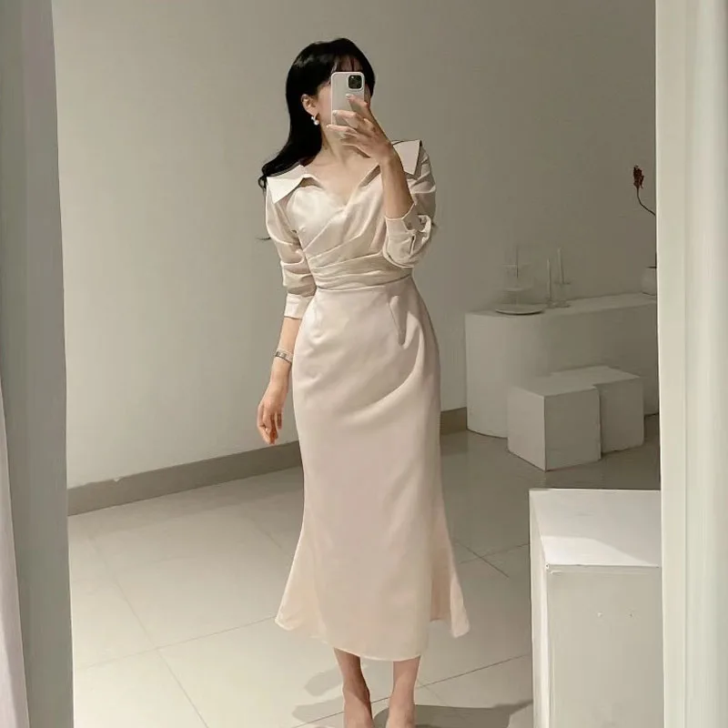 우아한 봄 신상 여성 드레스 퍼프 소매 벨트 슬림핏 V넥 롱 스커트 한국 스타일 하이웨이스트 셔츠 드레스
