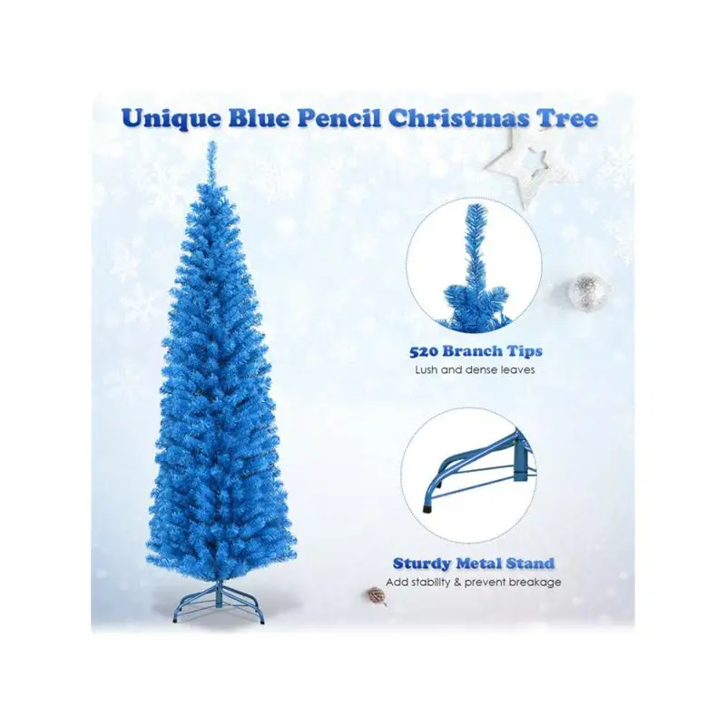 Pohon Natal Artifisial 6FT - 520 Ujung Cabang, Desain Pensil Biru, PVC Ramah Lingkungan, Penyangga Logam Tahan Lama untuk Dekorasi Liburan