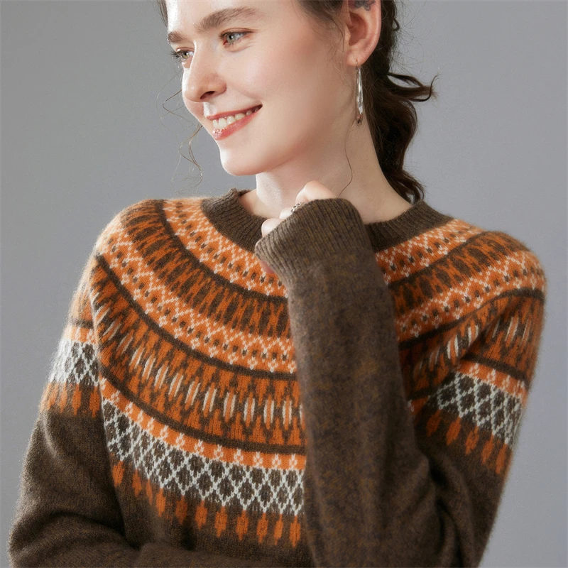 100% Geit Kasjmier Vrouwen Vintage Stijl Ronde Kraag Trui Faire Isle Jacquard Trui Herfst Winter Pure Kasjmier Trui