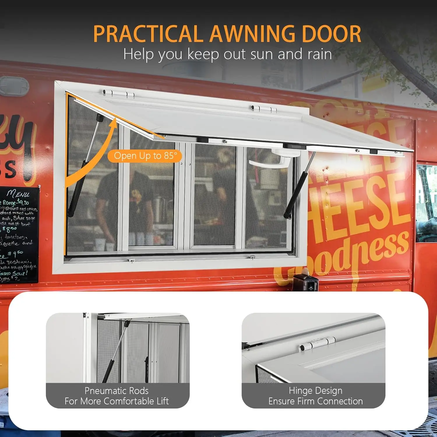 Concession Window 60""X36"", Aluminum Alloy Food Truck Service Window With 4 Horizontal Sliding Windows & Awning & Drag Hook,