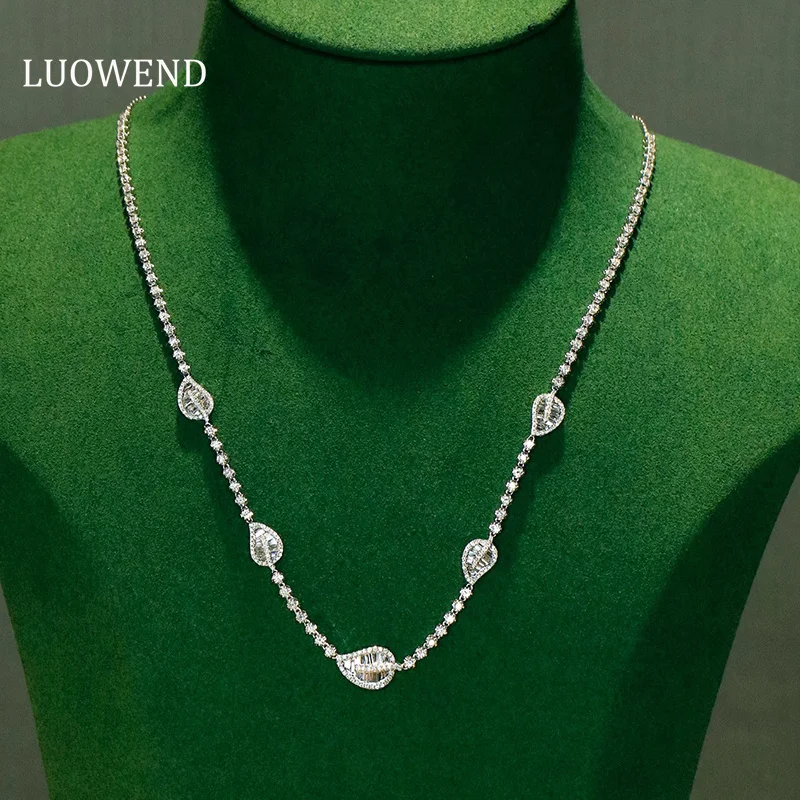 LUOWEND 100% 18K White Gold Necklace Luxury Leaf Design 3.20carat Real Natural Diamond Necklace for Women High Party Jewelry