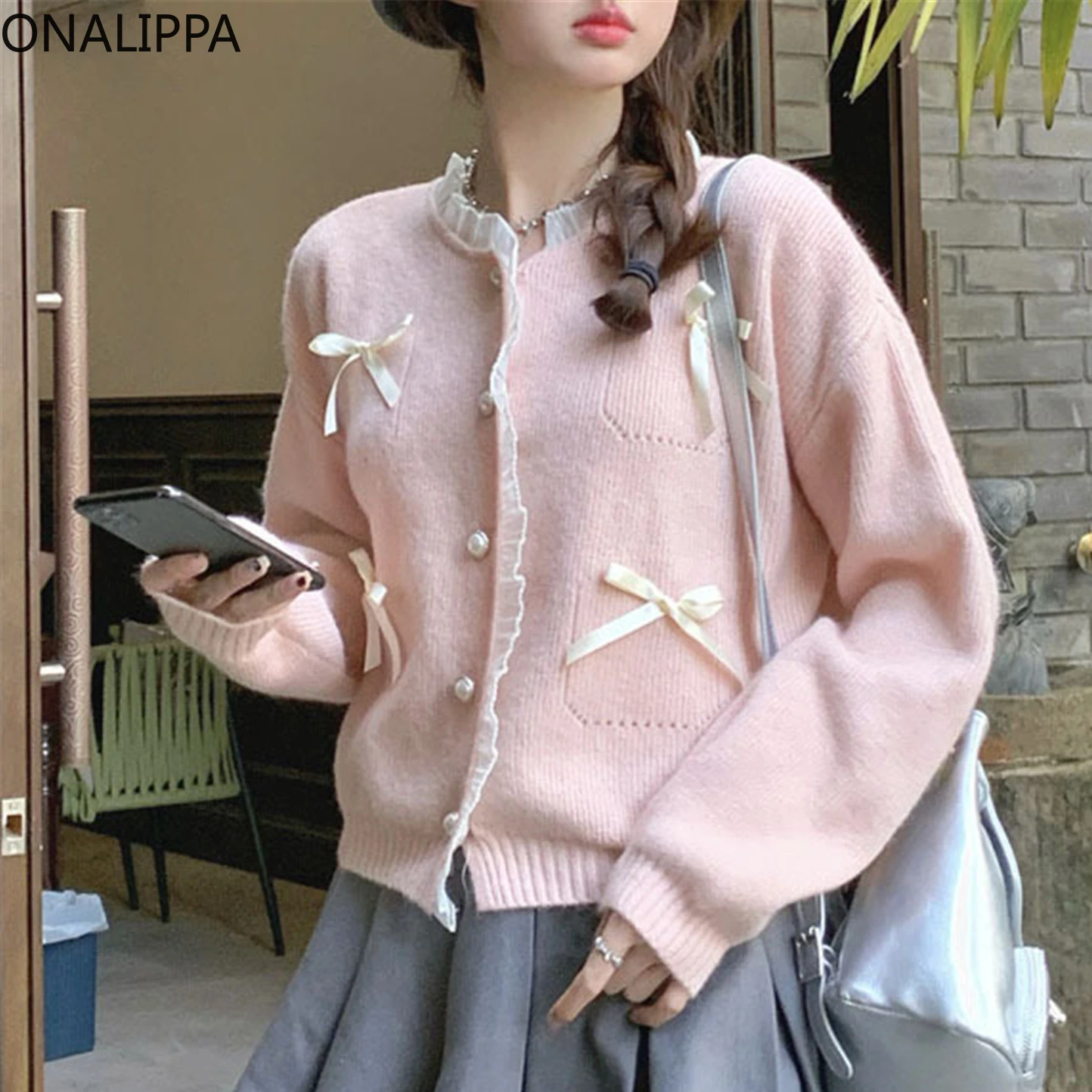 Onalippa Bows Patchwork Sweet Knitted Cardigan Wood Ear Hem Single Breasted Loose Cardigans Gentle Wind Kawaii Loose Sweater