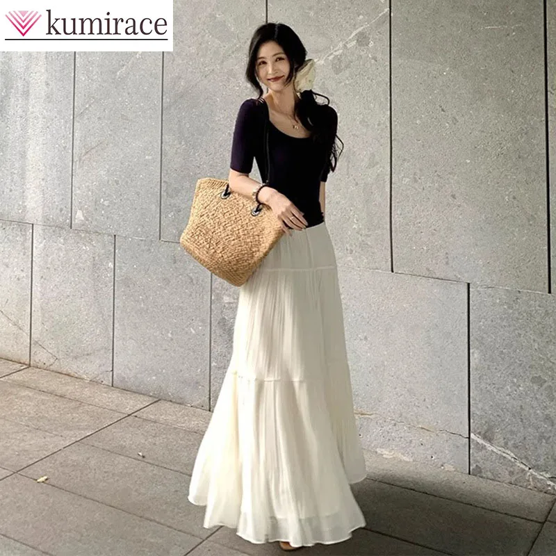 

Fashionable Square Neck Slim Fit Knitted Short Sleeved T-shirt Top, Summer High Waist Pleated Half Body Long Skirt Two-piece Set