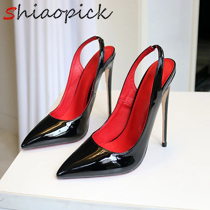 

Solid 12cm Super Thin High Heels Gift Wife Pumps Stilettos Summer Sandal Marriage Dress Pointed toe Black Dress Slingback Shoes