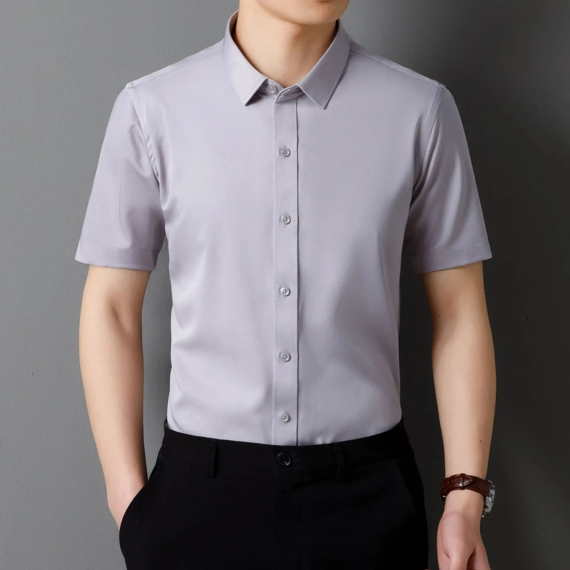 M-5XL Large Size Short Sleeve Business Shirt Men Spring Thin 4-Way Stretch Fabric Solid Color Work Office Casual Shirt for Men