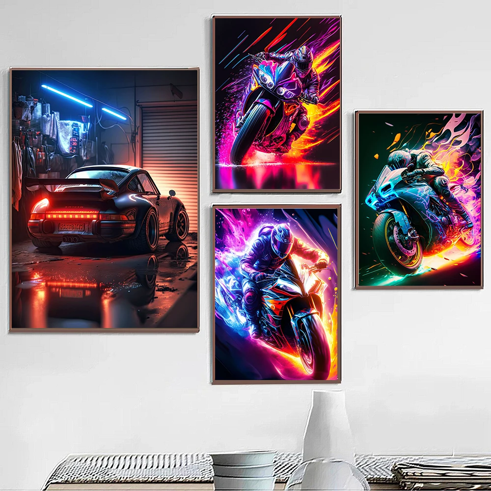 Cool Motorcycle and Cars Racing Canvas Painting Poster Racer Athlete Modern  Auto Club Aesthetic Wall Art Decoration Home Decor