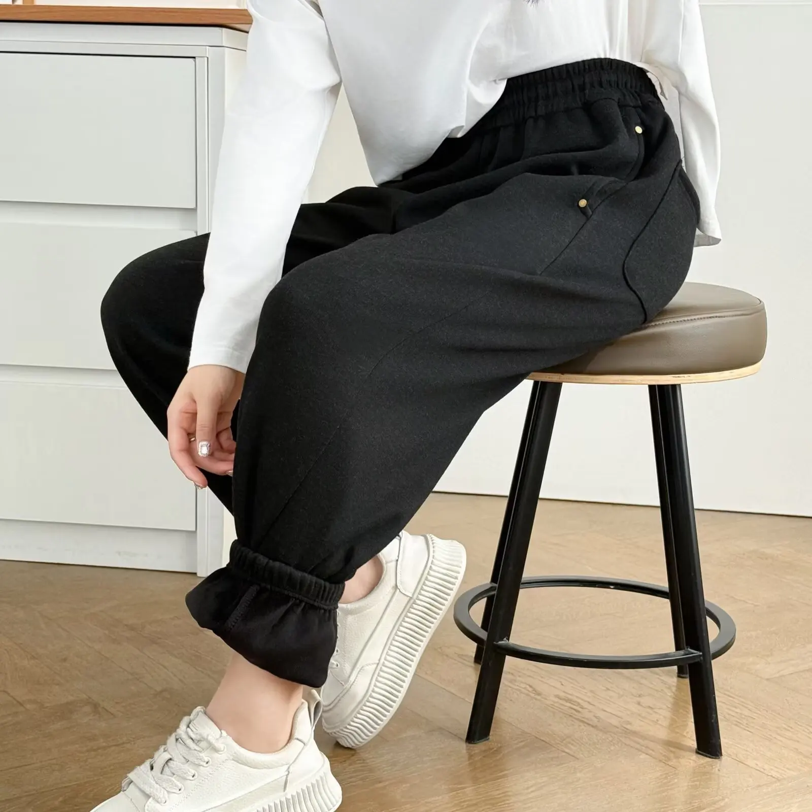 XXXXL موضة حجم كبير ملابس امرأة سراويلي حريمي بسيط غير رسمي دافئ الصوف وسميكة الكاحل النطاقات Sweatpants شتاء 893 #4