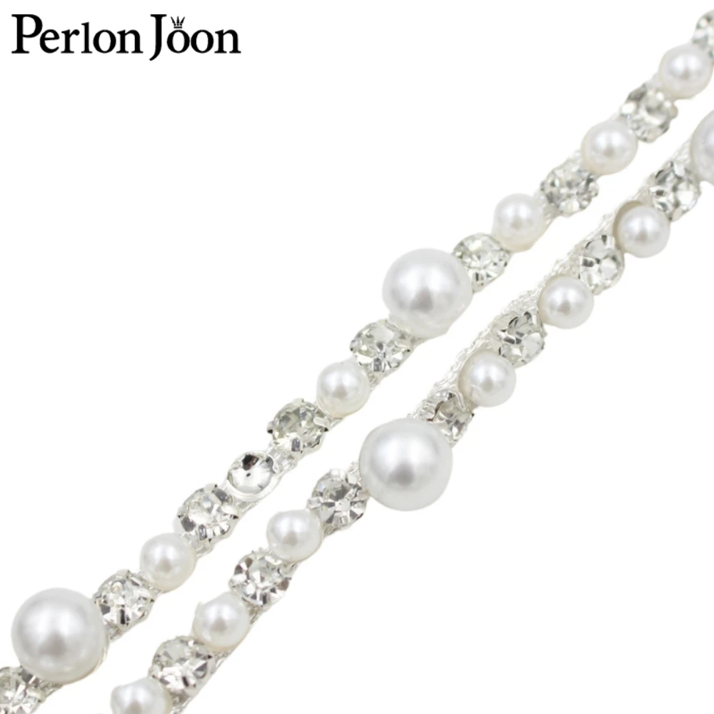 1yards Round white Pearl Rhinestone Crystal Chain Diamond Trim Ribbon Necklace Applique Gem Sparkle Wedding Dress ML225