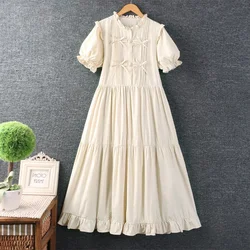 Summer New Sweet Mori Girl Bow Ruffles Cotton Linen Midi Dress Women Short Sleeve Casual Loose A-line Boho Dresses