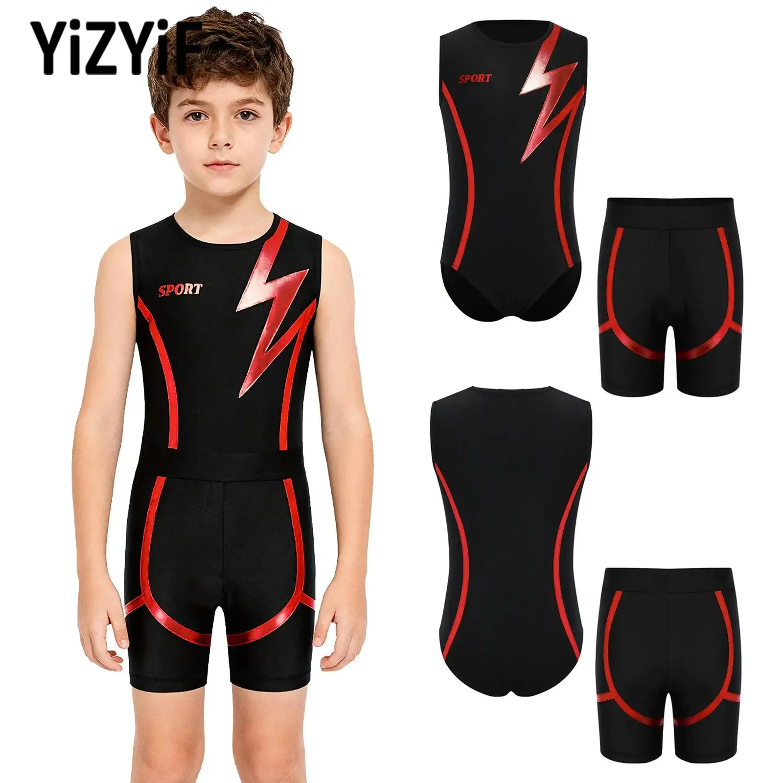 Kids Boy Two Piece Swimsuit Gymnastics Figure Skating Dance Competition Outfit Sleeveless Press Button Crotch Leotard+Shorts Set