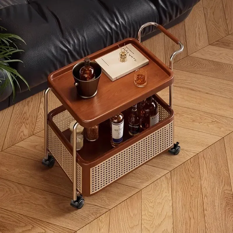 Solid Wood Movable Side Few Trolley Living Room Sofa Storage Rack Rattan Snack Dining Car Household Goods