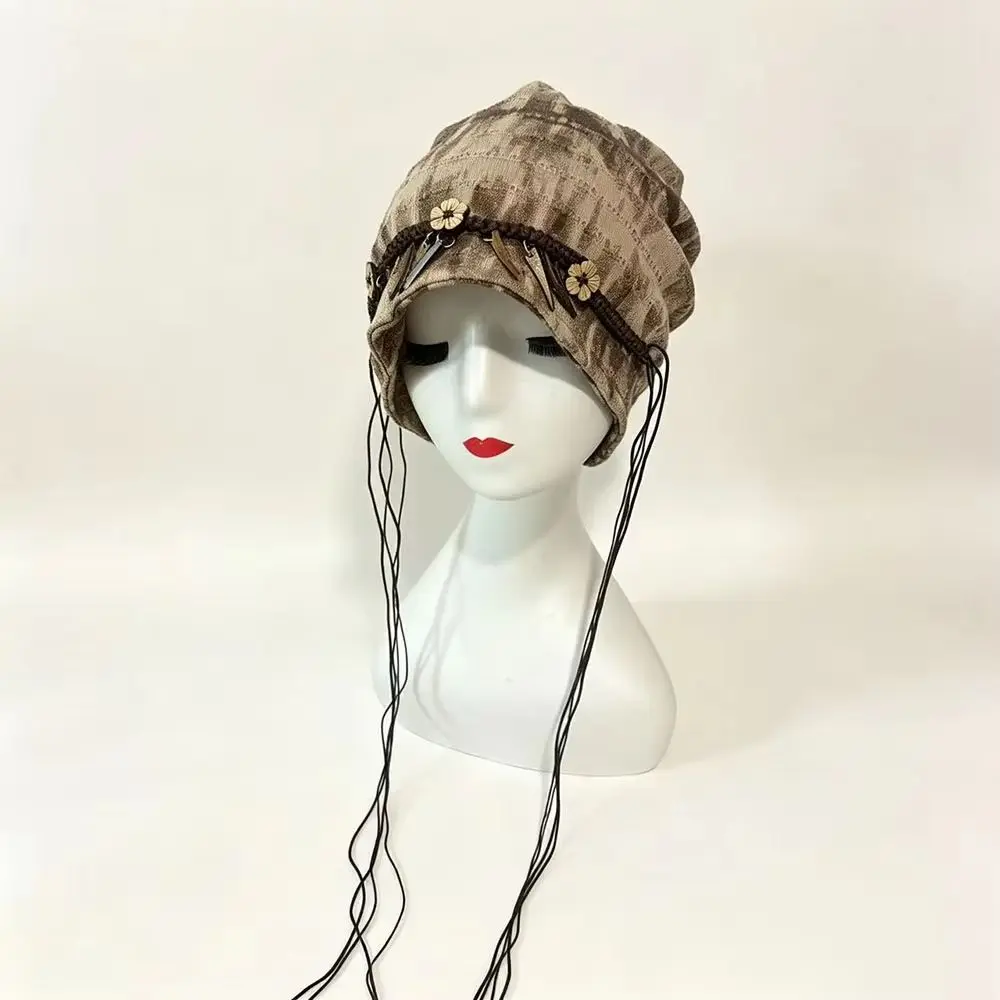 Hair Cover Retro Ethnic Stye Beanie Tassel Wood Decoration Vintage Pullover Hat Versatile Y2K Windproof Head Wrap Bad Hair Days
