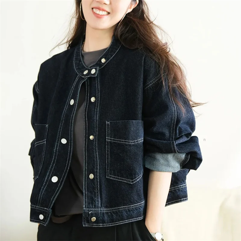 

Round Neck is versatile Cowboy Coat Spring Autumn New Denim Jacket Women's Korean Loose Jeans Blouses Casual Ladies short Tops