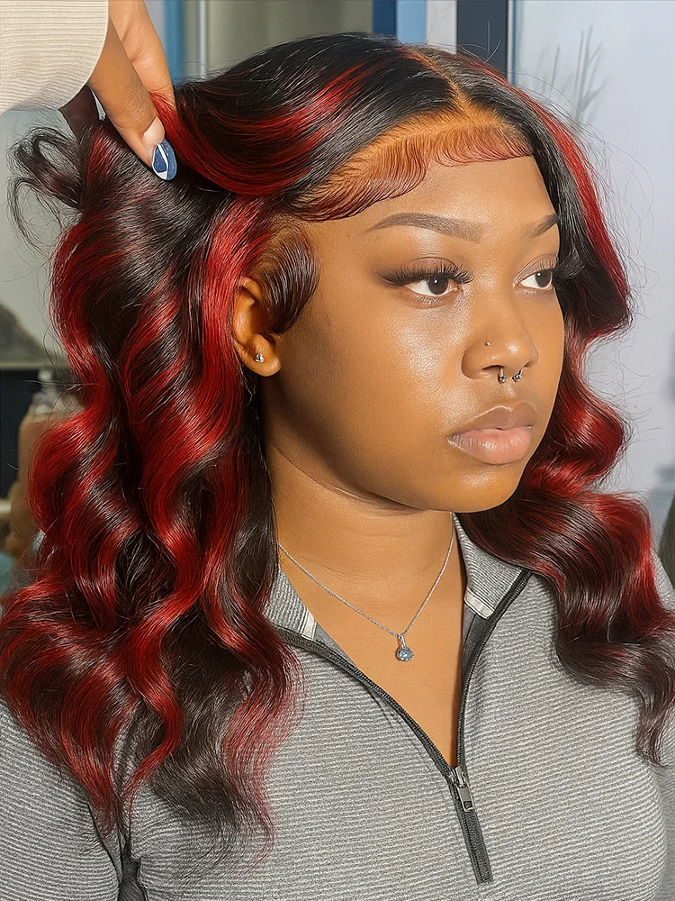 

1B/99J Omber Black With Red Highlight 5x5 Кружевная застежка Объемная волна Боб Парик 13x4 Кружевные фронтальные человеческие волосы 99J Бордовые бесклеевые парики