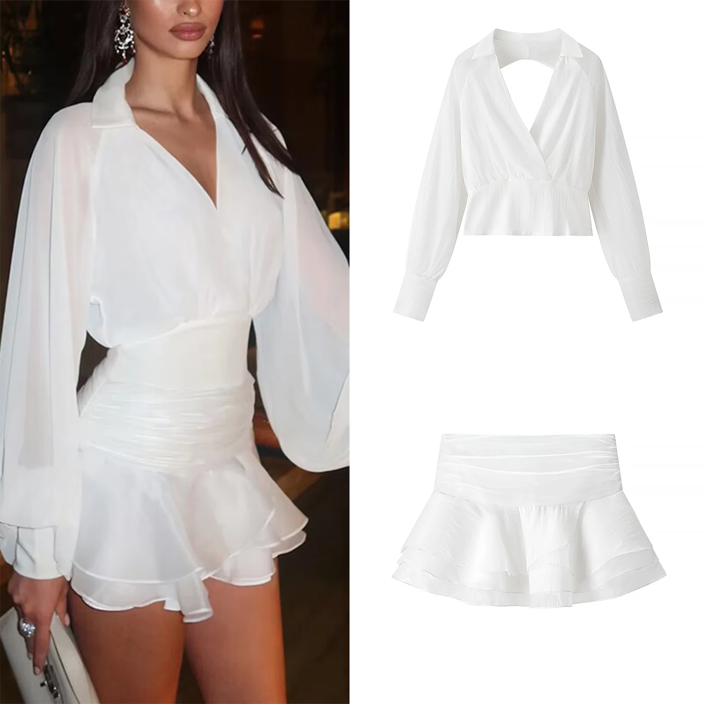 

Элегантный сексуальный комплект из рубашки и юбки 2025: Новинка лета, женский модный костюм из полиэстера с длинным рукавом, V-образным вырезом и короткими шортами, комплект из двух предметов