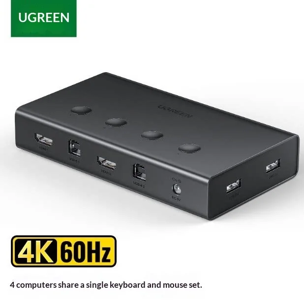 UGREEN 70439 HDMI 2.0 KVM Switch CM293 4 In 1 Out 4K 60Hz USB Keyboard Mouse Sharing Button Selector for 4 Computers