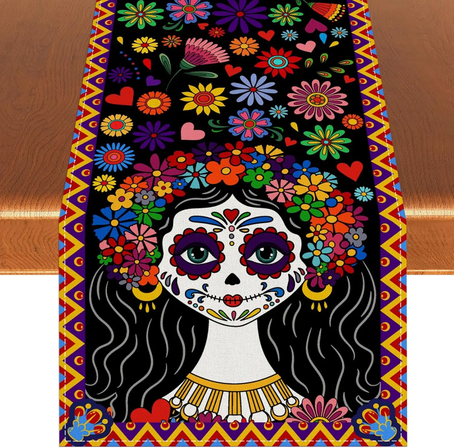 Mexican Day of The Dead Sugar Skull Linen Table Runners Dresser Scarf Decor Washable Dining Table Runners Party Decorations