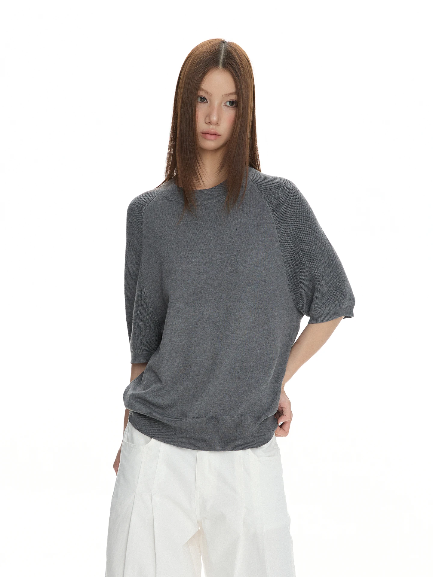 

VATTY Casual Knitted Loose Blend Wool Short Sleeve Women's T-Shirt Commute Versatile Half Sleeve Soft Comfortable All Seasons