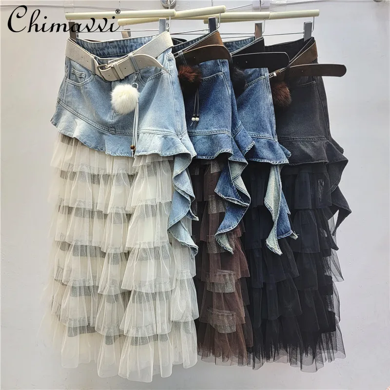 

Модные винтажные джинсовые юбки с рюшами и нерегулярной лоскутной сеткой, тонкая длинная юбка трапециевидной формы с поясом для женщин, осень 2025 г.