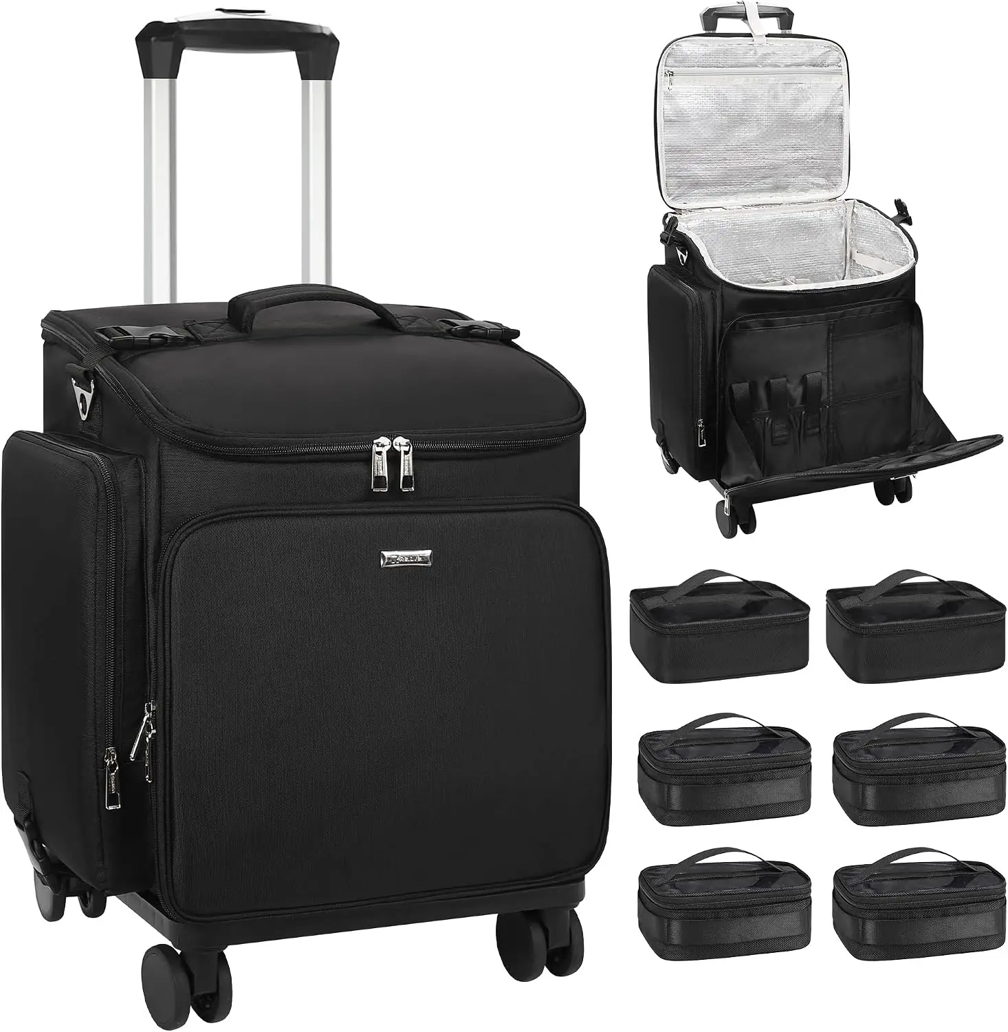 Maleta de Maquiagem com Rodas, Bolsa de Ferramentas de Cabelo, Estojo de Cosmetologia com 6 Bolsas Transparentes, Profissional para Cabeleireiros