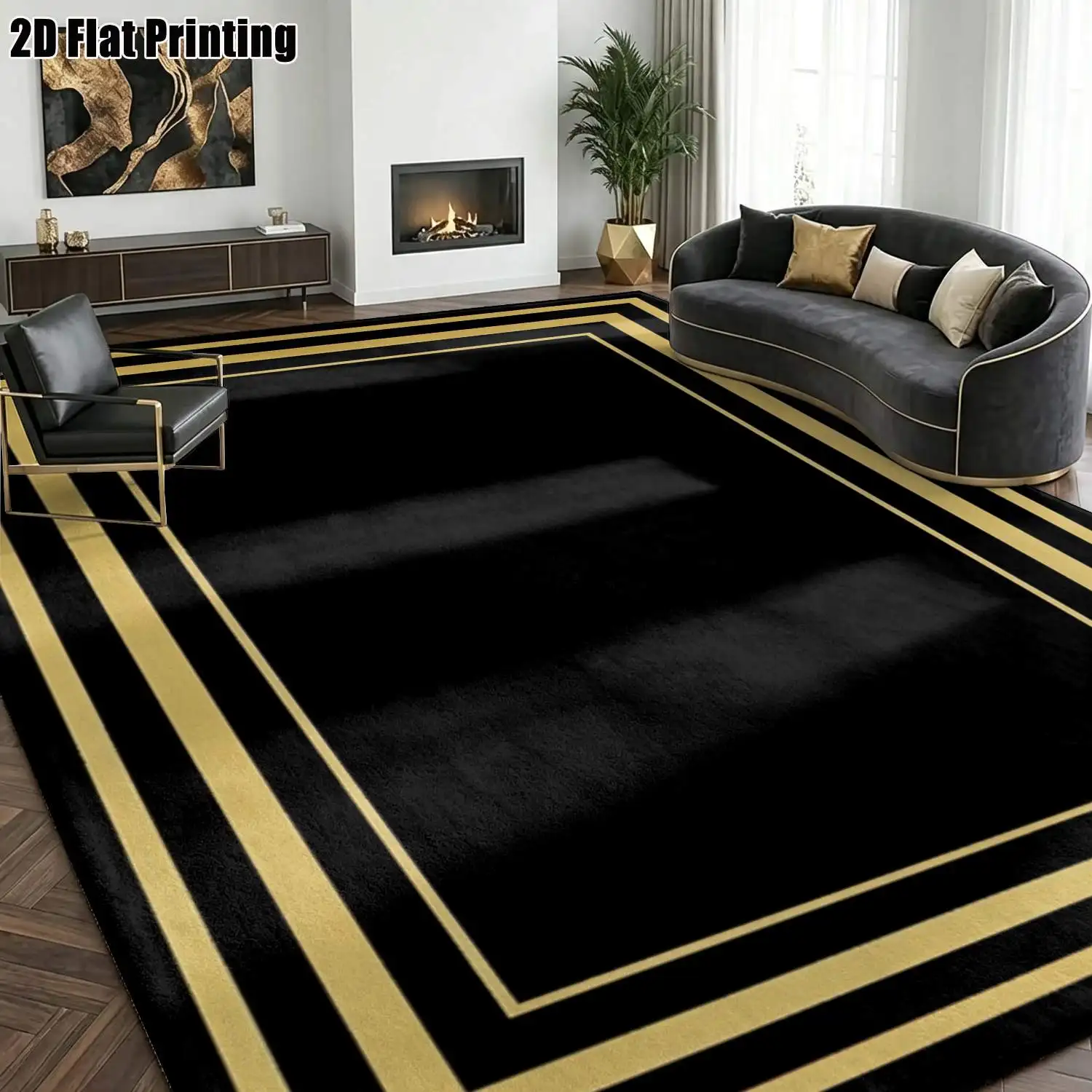 1Pc 2D Printed Carpet with Black and Gold Geometric Border Pattern Modern, Vintage European Geometric Striped Rug, Home Decor, Multi-Size, Machine Washable, Ideal for Entryway, Dining Room, Foyer, Bedroom, Living Room.