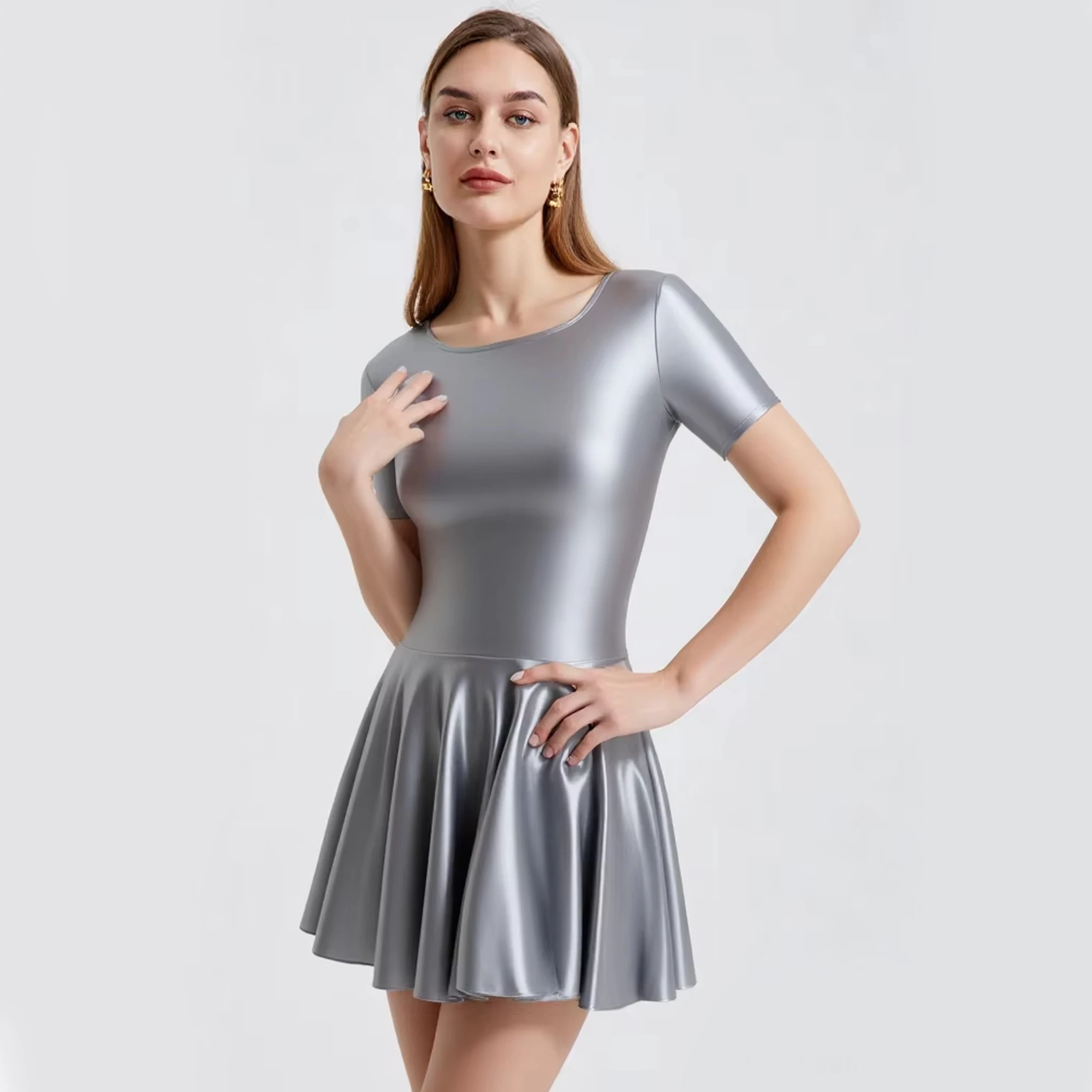 XCLOCKNYOUNG glossy dress Satin silky ballet skirt  short sleeve umbrella dress glossy skirt party dress leotard