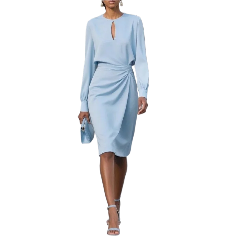 Image of 2025 herbst Elegante Solide Plissee Oansatz Hohl Langarm Kleid Büro Dame Temperament Midi Kleider frauen Kleidung Vestidos
