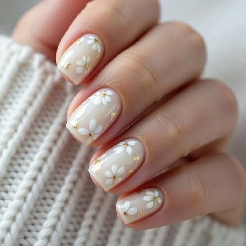 

24pcs Finished False Nail Spring Summer Flower Pattern Square Press on Fake Nails Tip Acrylic Pink Simple Short Ballet Nails Set