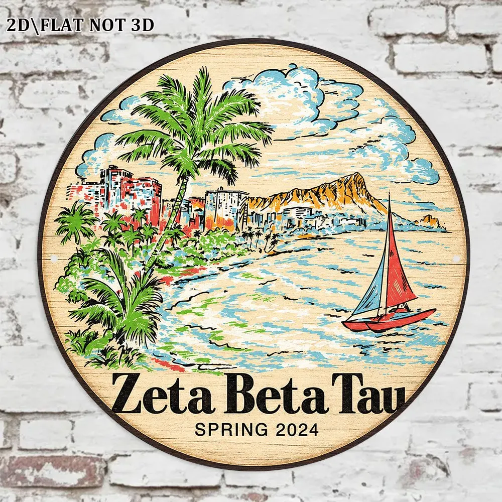 2D Flat, 1pc 8 X 8 Inches/20 X 20 Cm Round Sign, Vintage Decorative Plaque with Hawaiian Beach Sailboat Scenery, Zeta Beta Tau S