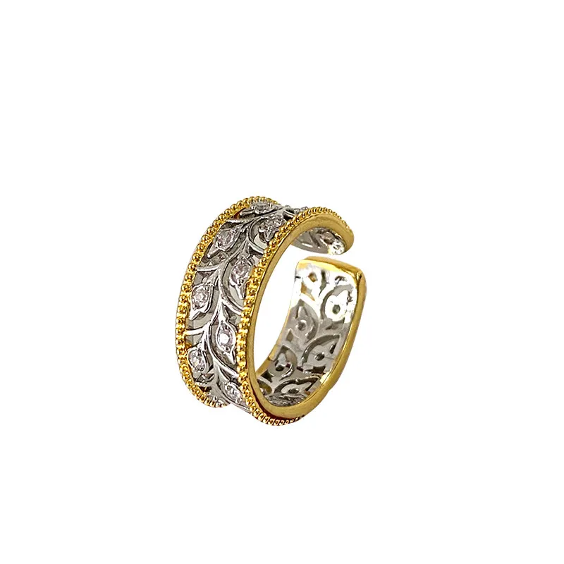 New Chinese Tang grass ring women's diamond index finger ring French retro stacked open ring