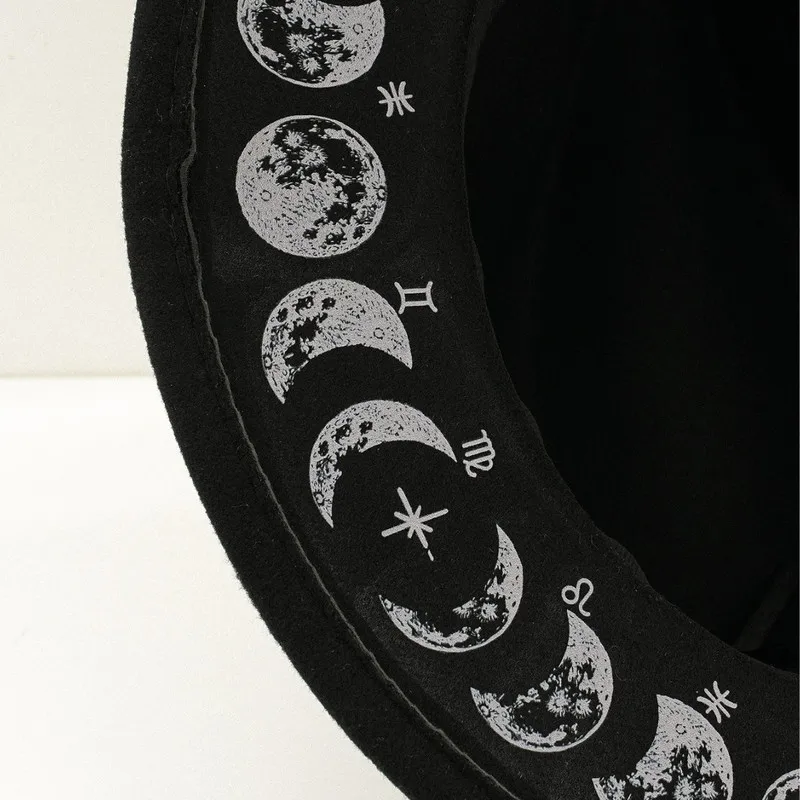 Theatrical Gothic Element Top Hat with Hand-Painted Moon Decoration, Niche Medieval Mystery