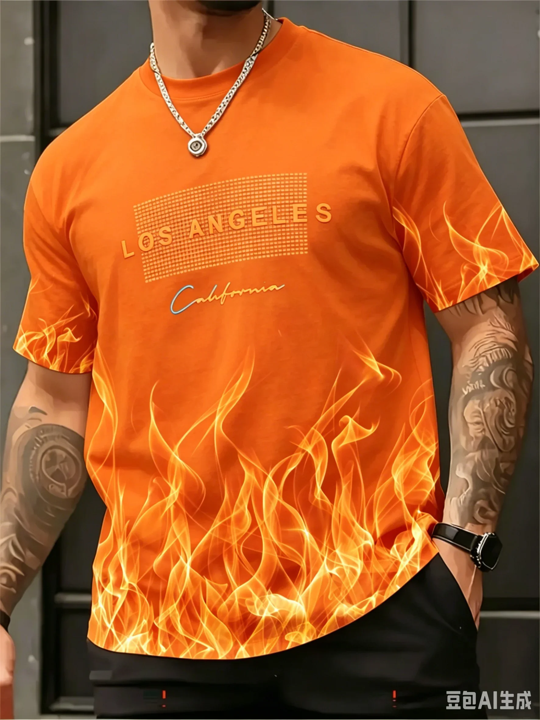 Fashion New Men's Los Angeles Blue Flame Print T-shirt Crew Neck Short Sleeve Casual Streetwear Tee For Men Clothes